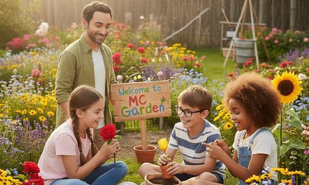 Nidhi, Vincent and Kyle with garden expert