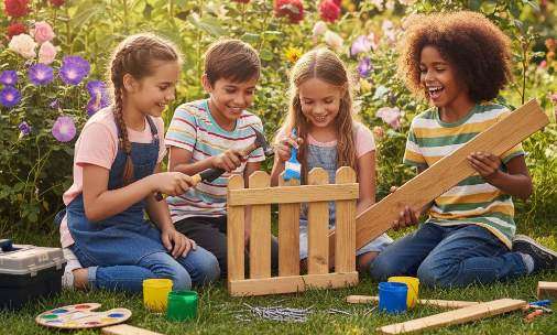 Nidhi, Vincent and Kyle with gardening materials